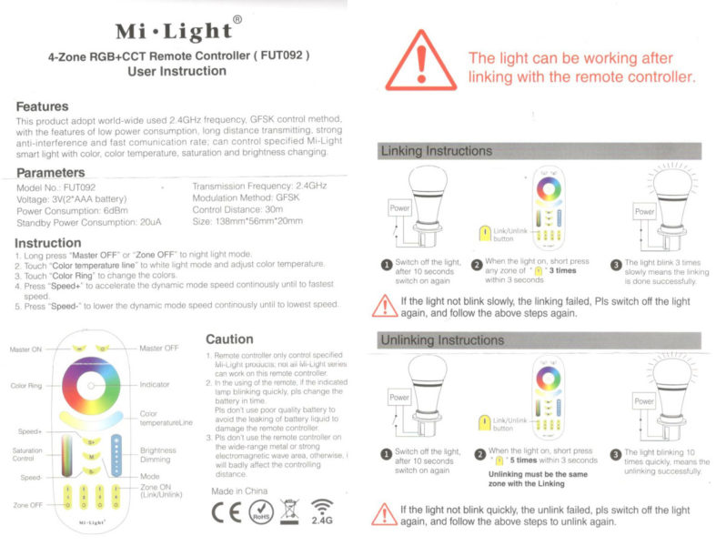 Mi-light 4-Zone RGB+CCT Remote Controller (FUT092) User Instruction